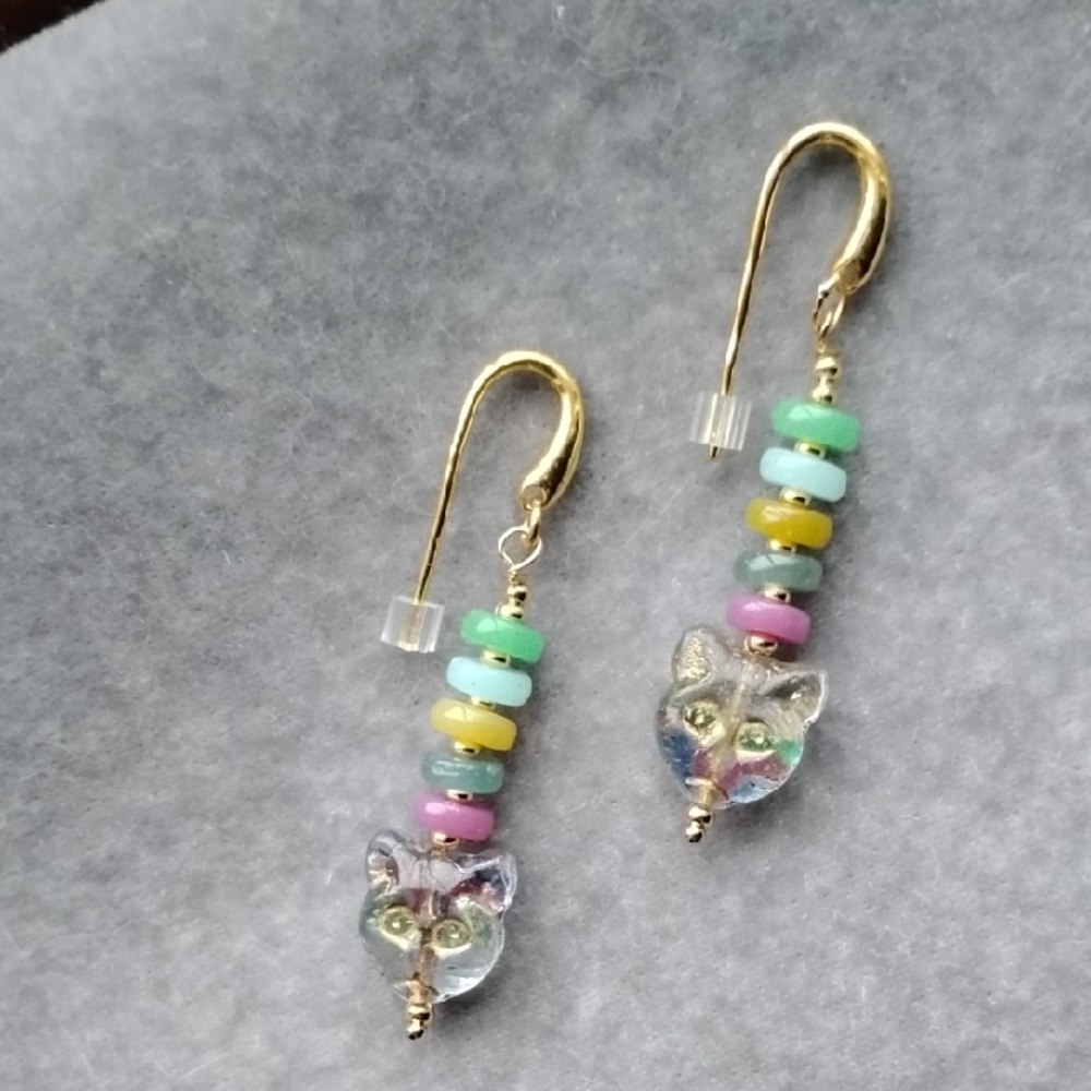 Hand Crafted Colorful Gems And Czech Glass Cat Earrings